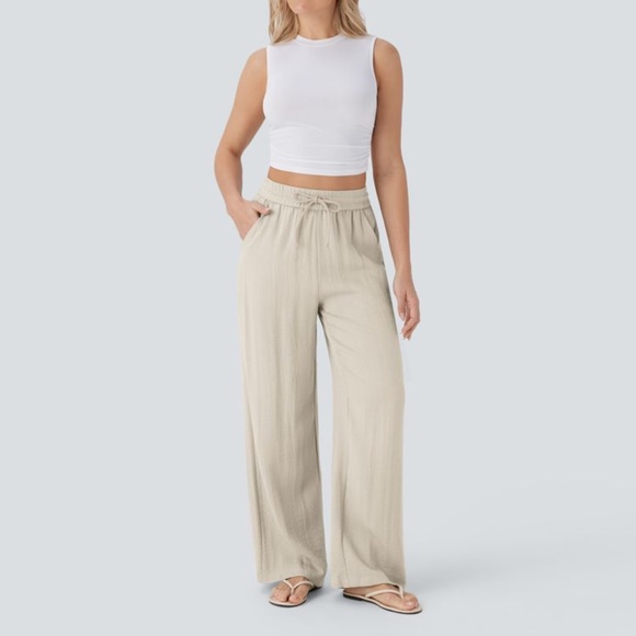 High Waisted Drawstring Pocket Wide Leg Casual Linen-Feel Pants - Picture 4 of 5